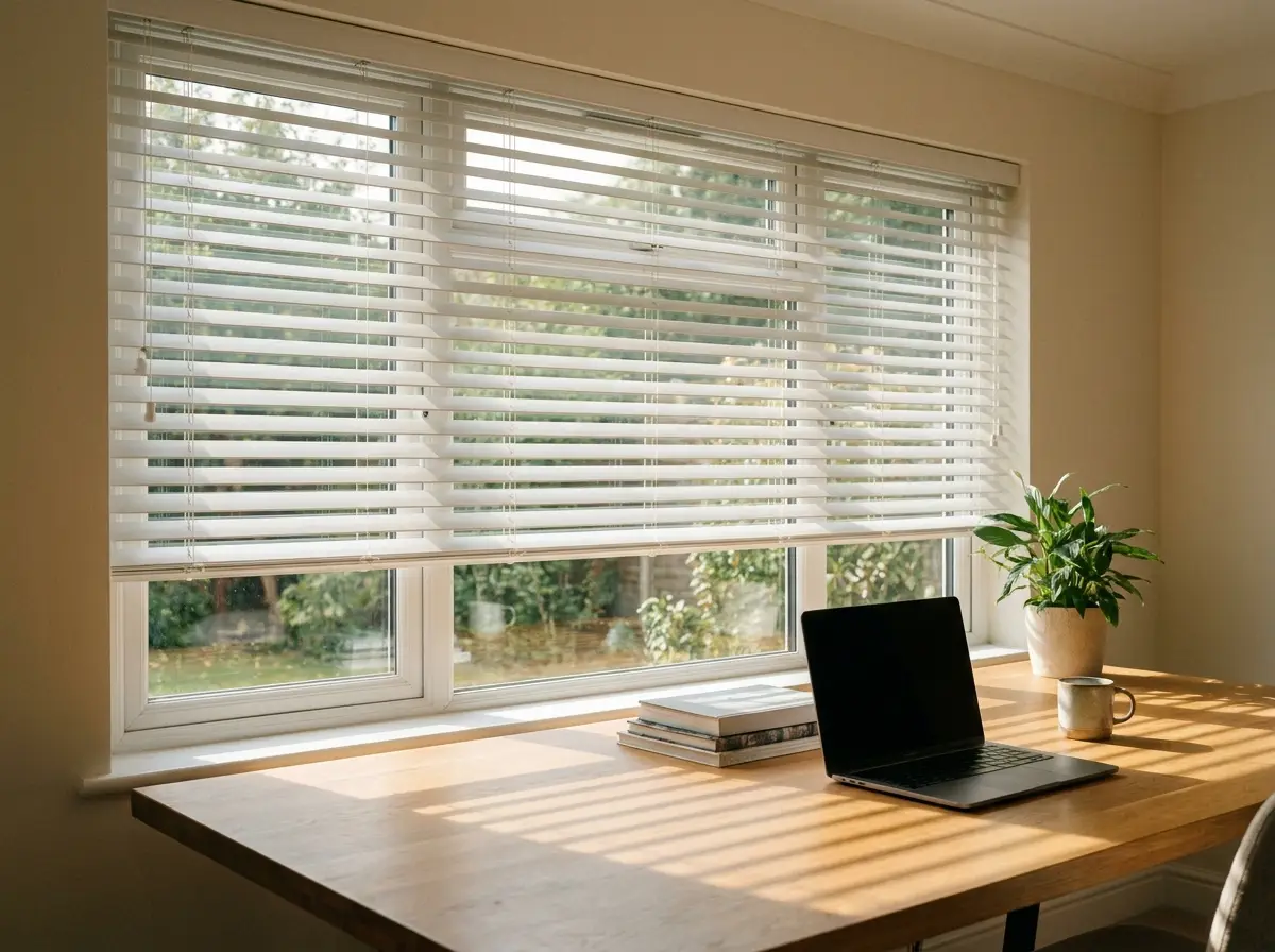 White aluminium venetian blind tilted half-open in a home office window, soft light bands across a wooden desk