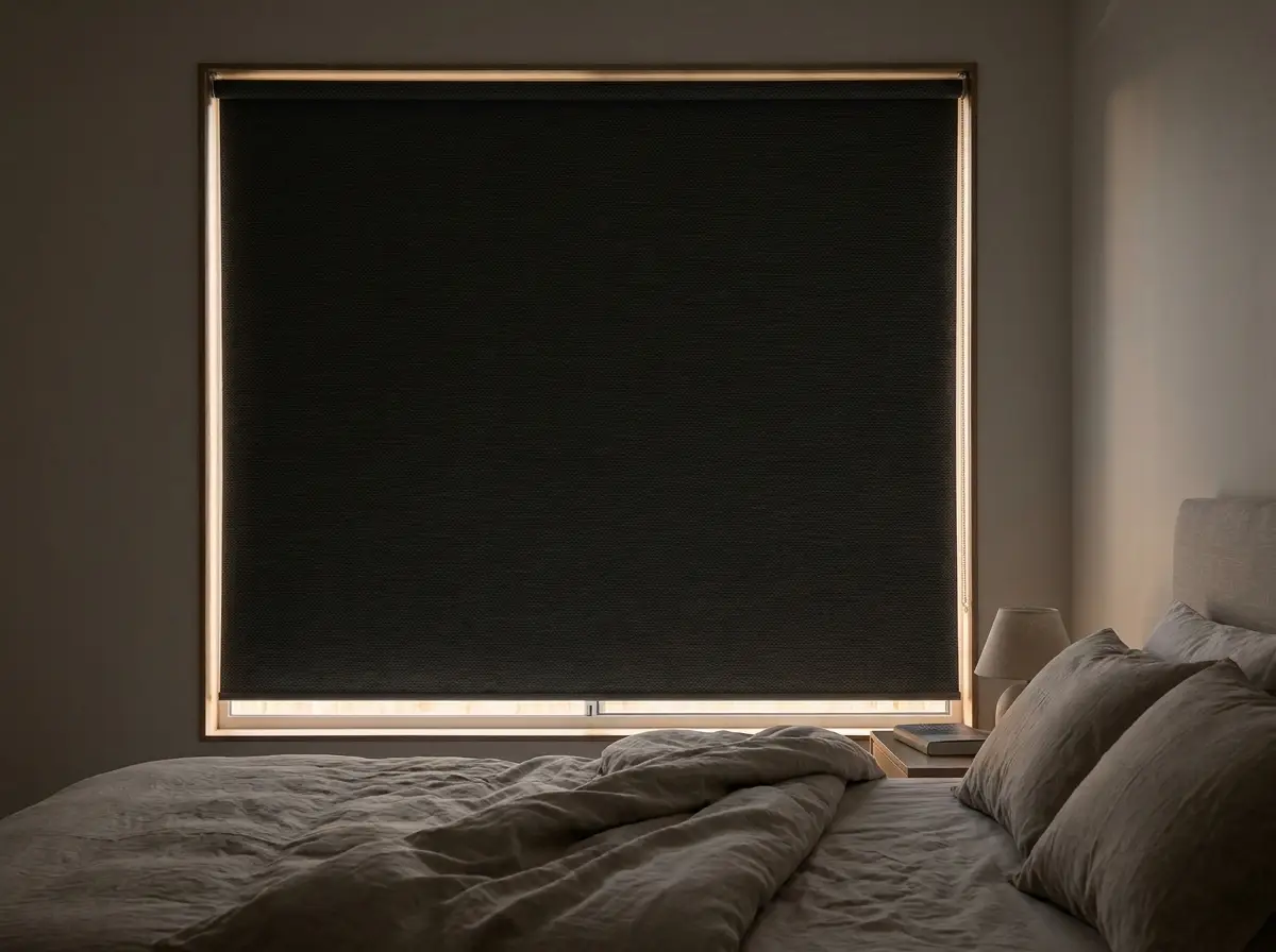 Bedroom at dusk in a Lynnwood family home, dark charcoal blockout roller blind lowered for a restful sleep