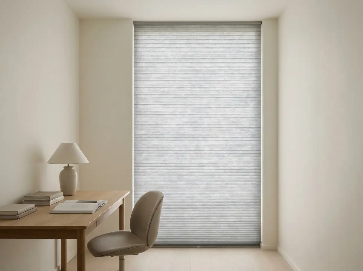 Soft grey cellular honeycomb blind fully lowered over a tall study window, pleated fabric catching gentle daylight