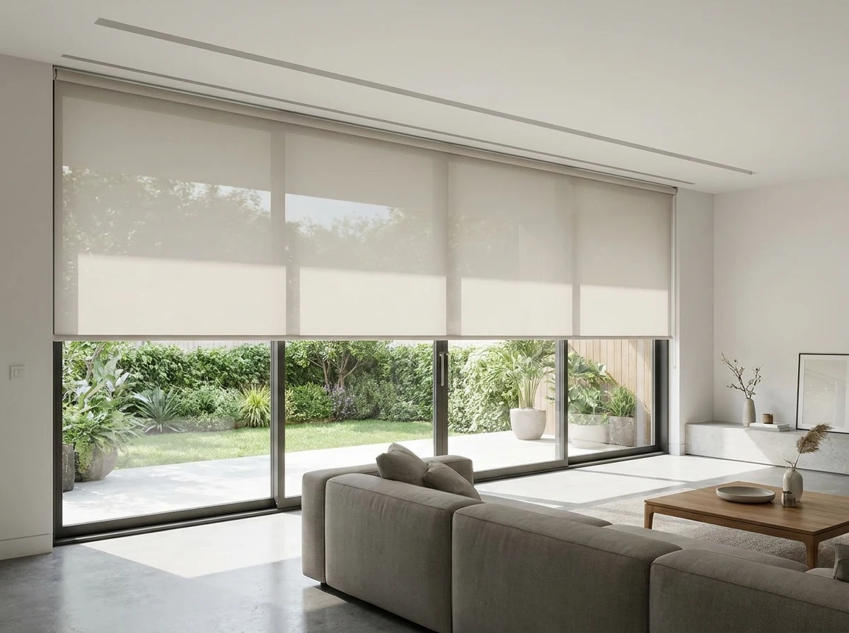 Flat sunscreen roller blind lowered from a slim ceiling recess over wide glass sliding doors onto a Lynnwood garden