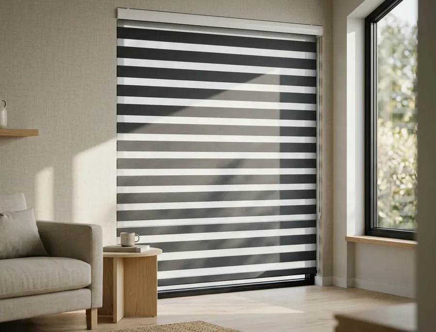 Day and night blind with alternating sheer and solid bands across a lounge window