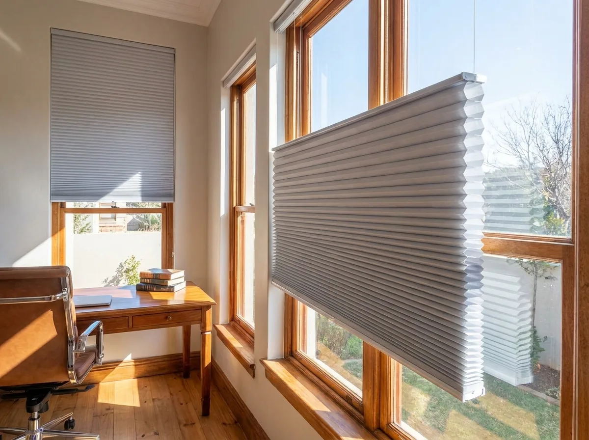 A soft grey cellular honeycomb blind partially raised over a tall study window in a Lynnwood home on a clear winter day, its crisp honeycomb air-cell structure visible, a timber desk below