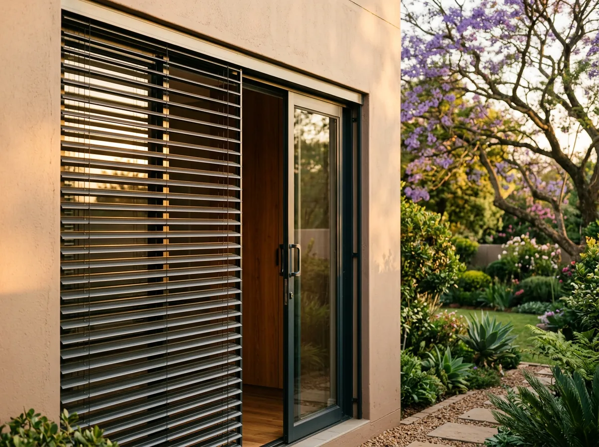 Exterior detail of a Lynnwood home's west-facing patio door fitted with slim aluminium external venetian blinds mounted outside the glass, slats tilted to intercept low afternoon sun, a jacaranda beside the facade