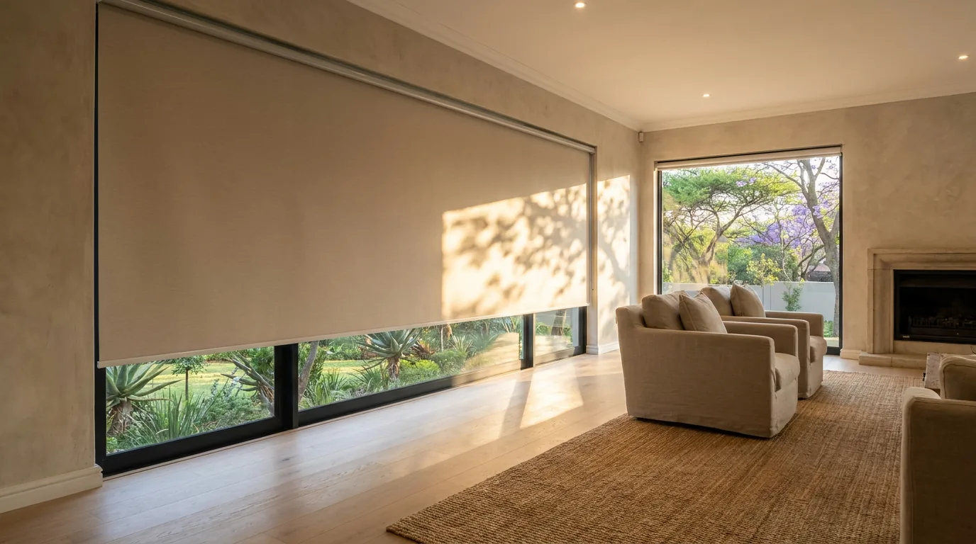 A Lynnwood lounge late on a summer afternoon, a single smooth flat sunscreen roller blind half-lowered over a large window while a low band of west sun rakes across the floor and dappled jacaranda shadows fall on the wall