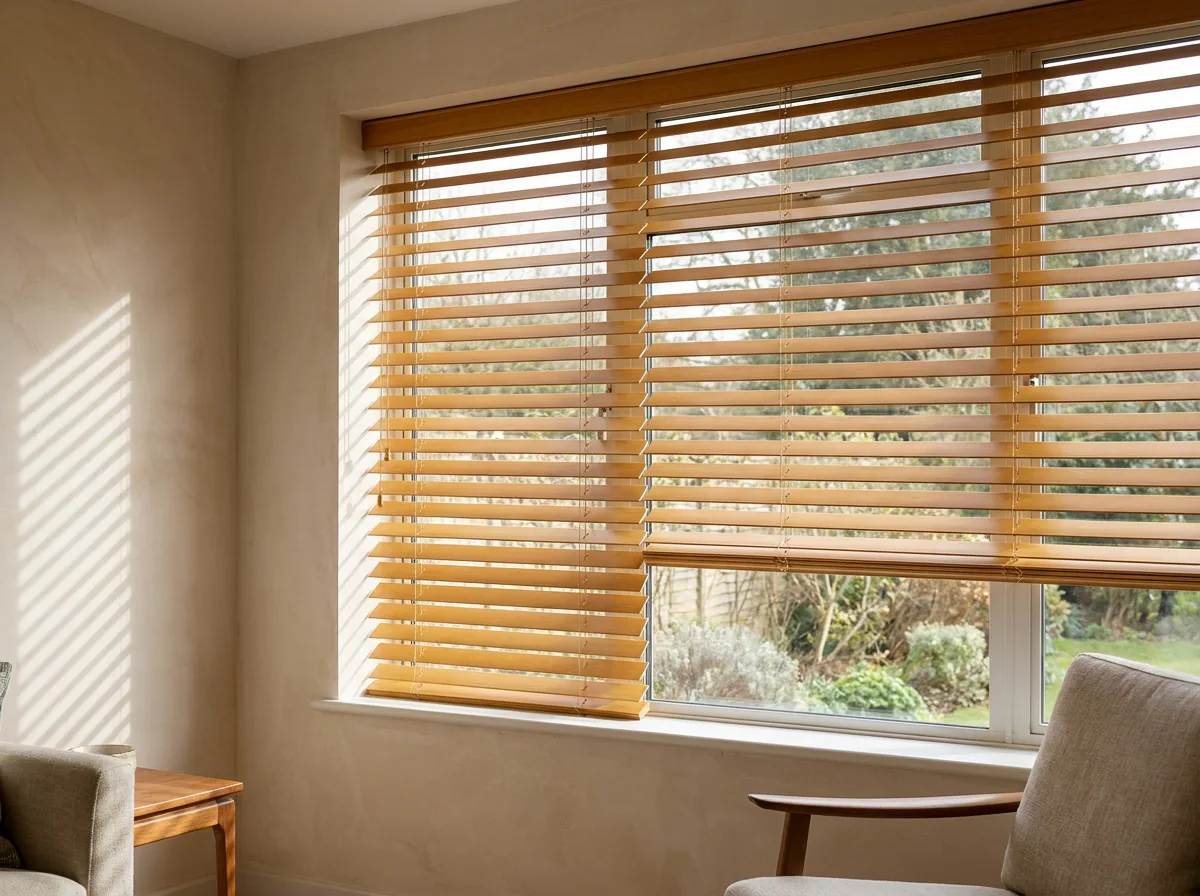 A 50mm timber venetian blind with warm honey-toned slats tilted half-open across an original 1960s steel-framed window in a Lynnwood lounge, thin bands of morning light on a pale wall