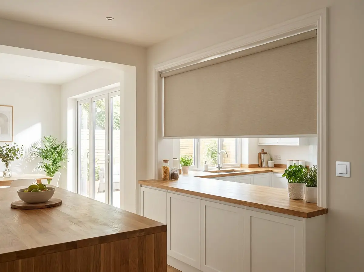 Motorised roller blind partially lowered over a wide kitchen window, small wall-mounted control switch beside the frame