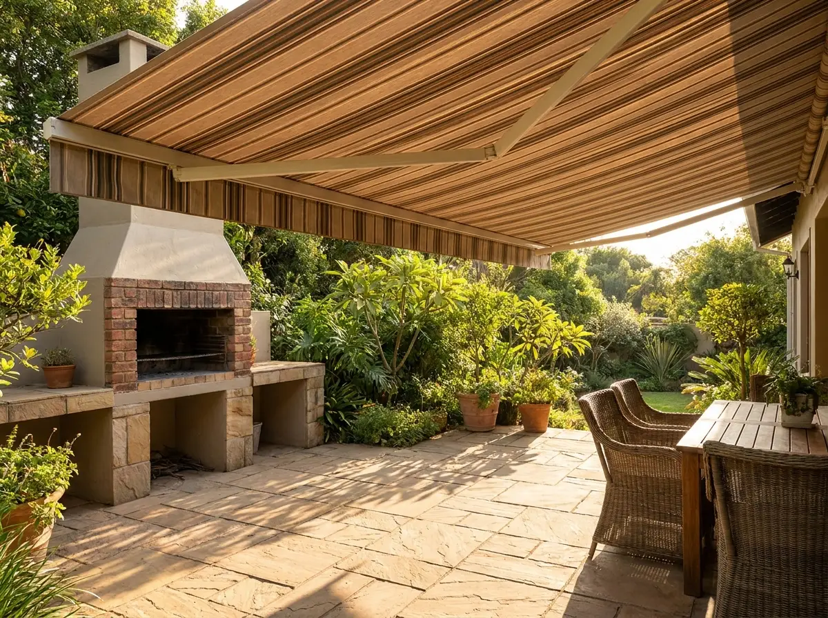 Folding-arm awning extended over a paved patio and braai area, dappled afternoon shade beneath the fabric