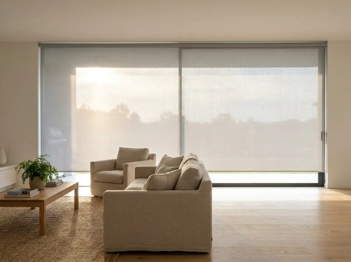 Pale grey sunscreen roller blind lowered over a large living room window, soft morning light filtering through the fabric