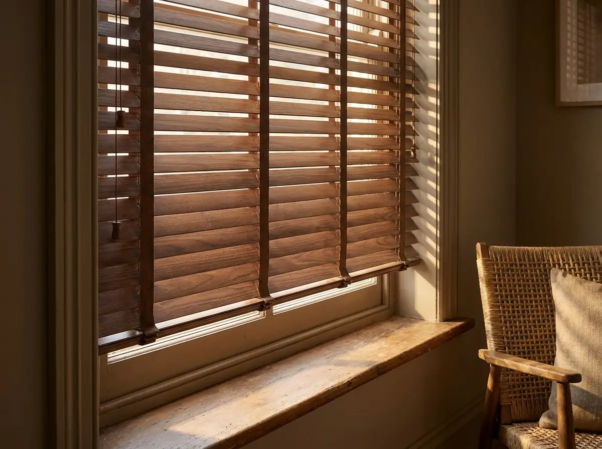 Timber venetian blind fully lowered across a large window, warm cocoa-toned slats catching low afternoon sunlight