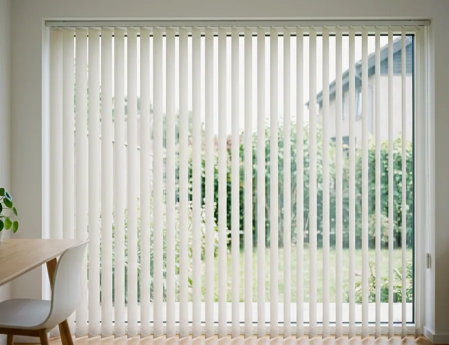 Vertical blind vanes hanging across a wide sliding door onto a green garden
