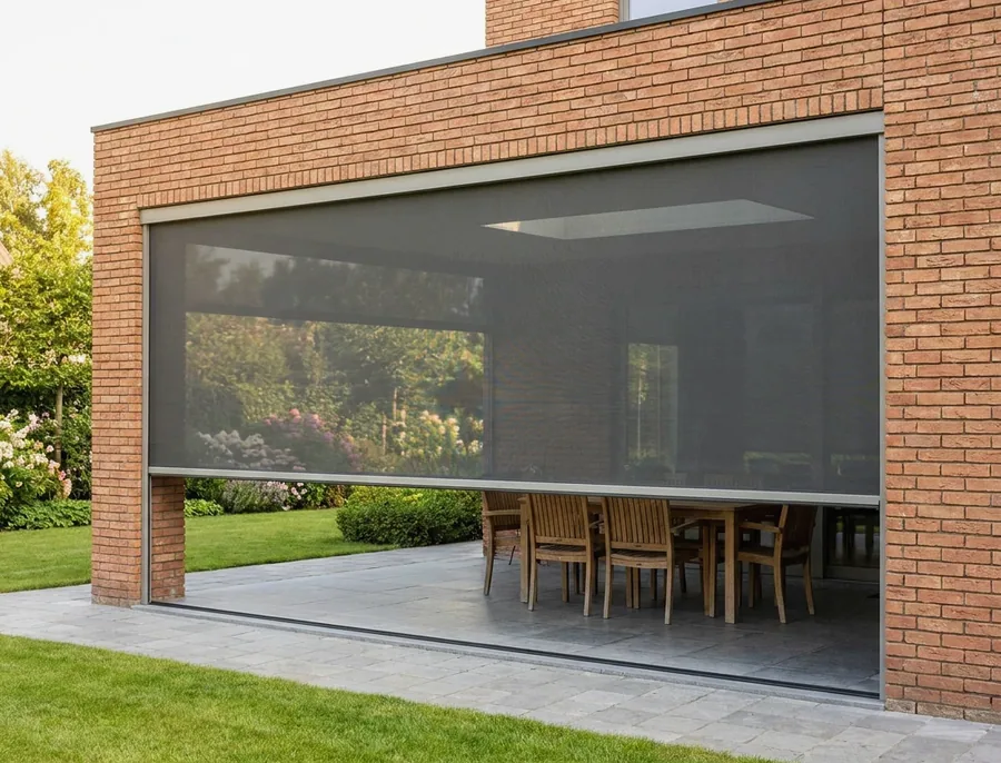 Zip screen mesh held taut in side channels across a covered patio opening